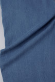 Blauer, eleganter, einfarbiger, ärmelloser, normaler Denim-Jumpsuit mit Taschenschnalle und Reißverschluss, Umlegekragen