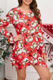 Vermelho branco casual estampado Papai Noel assimétrico decote em V vestidos de manga comprida