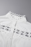 ホワイトカジュアルソリッド中空パッチワークバックルハーフタートルネック長袖プラスサイズのドレス