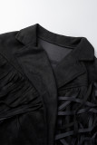 Черная уличная однотонная верхняя одежда с кисточками в стиле пэчворк и отложным воротником