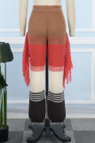 Pantalon Patchwork décontracté à pompon contrasté, taille haute, décontracté, marron et rouge