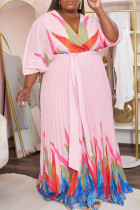 ピンク カジュアル プリント プリーツ V ネック 長袖 プラス サイズ ドレス