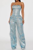 Zilveren casual patchwork zak hoge taille normale denim jeans