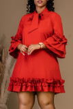 Rojo elegante sólido vendaje patchwork orillo fibroso cuello redondo una línea vestidos