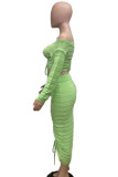 Light Green Sweet Solid Bandage Patchwork Fold Off the Shoulder Long Sleeve Two Pieces