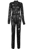 Zwarte street-effen skinny jumpsuits met gescheurde patchwork en O-hals