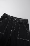 Black Casual Solid Patchwork High Waist Regular Baggy Cargo Denim Jeans