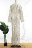 Vestido longo branco creme elegante com lantejoulas sólidas patchwork com decote em V
