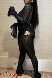 Black Casual Solid Hollowed Out See-through Backless O Neck Skinny Jumpsuits