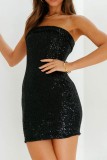 Black Sexy Solid Sequins Patchwork Backless Strapless Wrapped Skirt Dresses