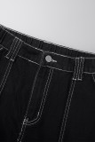 Black Casual Solid Patchwork High Waist Regular Baggy Cargo Denim Jeans