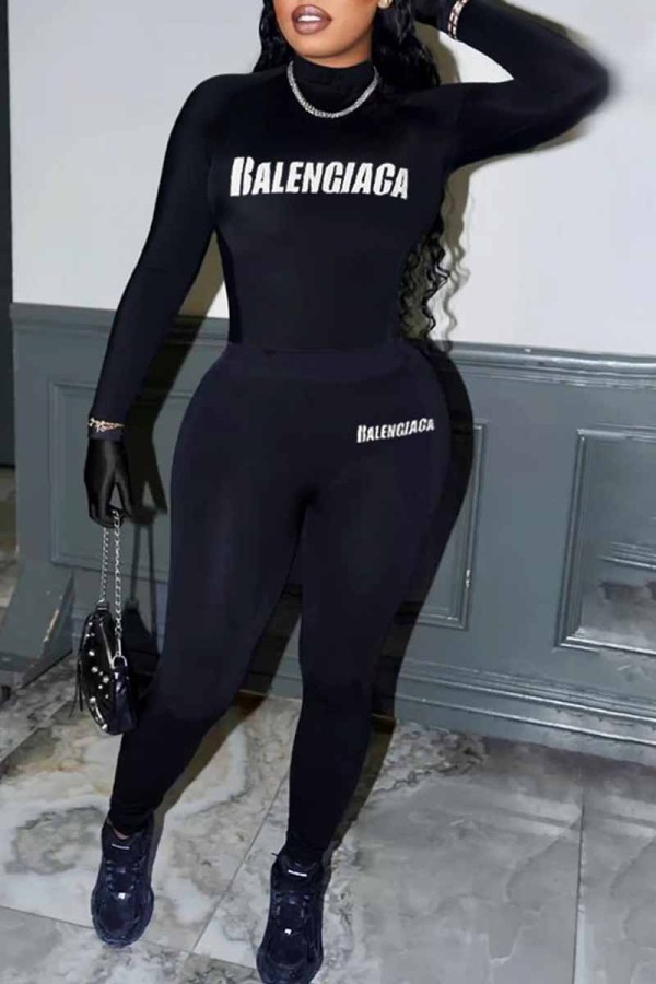 Black (BALENGIAGA)Sexy Street Print Letter O Neck Long Sleeve Two Pieces
