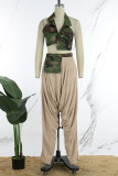 Camouflage Street Camouflage Print Patchwork Pocket Buttons Turndown Collar Sleeveless Two Pieces Halter Crop Tops And Pants Set