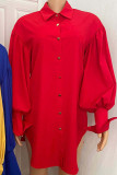 Rojo Elegante Patchwork Sólido Hebilla Hendidura Camisa Cuello Manga Larga Tallas Grandes Vestidos