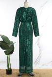 Vestidos longos verdes elegantes de lantejoulas sólidas com decote em V