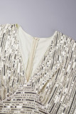 クリームホワイトのエレガントなソリッドスパンコールパッチワークVネックロングドレスドレス