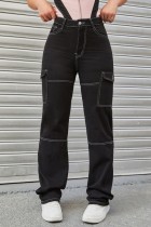 Black Casual Solid Patchwork High Waist Straight Cargo Denim Jeans
