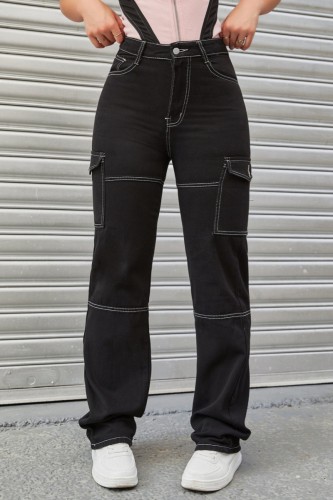 Vaqueros de mezclilla rectos de cintura alta de patchwork sólido casual negro