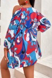 Blue Casual Print Basic V Neck Long Sleeve Blouse Shirts Cami Crop Top Shorts Three Piece Set