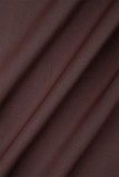Marrom escuro doce sólido vazado patchwork fivela gola redonda manga comprida duas peças