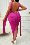 Vestidos de talla grande con falda envuelta y cuello en V con abertura sin espalda sólida sexy color rojo rosa