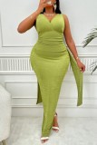 Green Sexy Solid Backless Slit V Neck Wrapped Skirt Plus Size Dresses