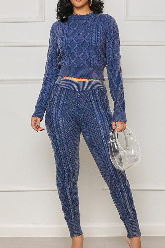 Blue Street Solid Patchwork O Neck Long Sleeve Two Pieces