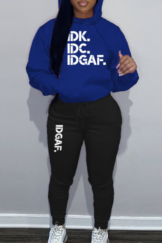 Blue Sportwear Casual Letter Print Hooded Collar Long Sleeve Sweatshirt And Draw String Pants Two Pieces Sweatsuit Sets
