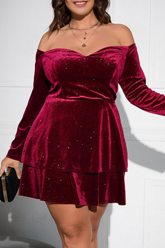 Burgundy Casual Solid Backless Off the Shoulder Long Sleeve Plus Size Dresses