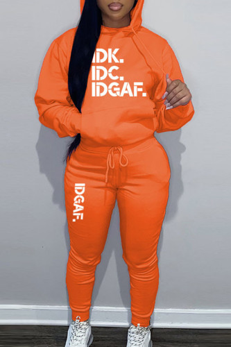 Orange Sportwear Casual Letter Print Hooded Collar Long Sleeve Sweatshirt And Draw String Pants Two Pieces Sweatsuit Sets