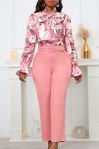Benda con stampa casual rosa con cintura a maniche lunghe in due pezzi