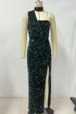 Goud sexy formele patchwork pailletten split halter avondjurk jurken