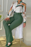 Boucle patchwork imprimée élégante verte avec ceinture col de chemise manches longues deux pièces