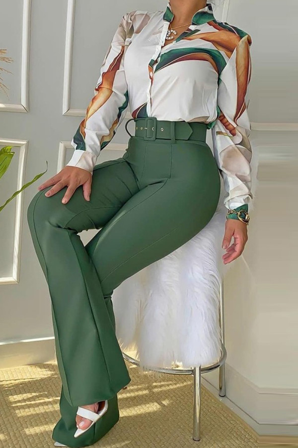 Boucle patchwork imprimée élégante marron avec ceinture col de chemise manches longues deux pièces