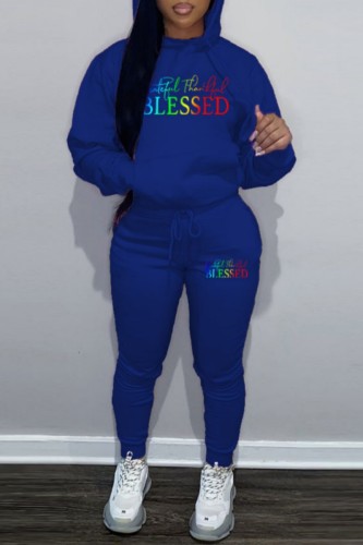Blue Sportwear Casual Letter Print Hooded Collar Long Sleeve Sweatshirt And Draw String Pants Two Pieces Sweatsuit Sets