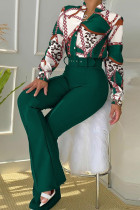 Fivela de retalhos de impressão elegante verde com cinto camisa colar manga longa duas peças