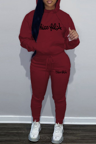 Burgundy Sportwear Casual Graphics Print Hooded Collar Long Sleeve Sweatshirt And Draw String Pants Two Pieces Sweatsuit Sets