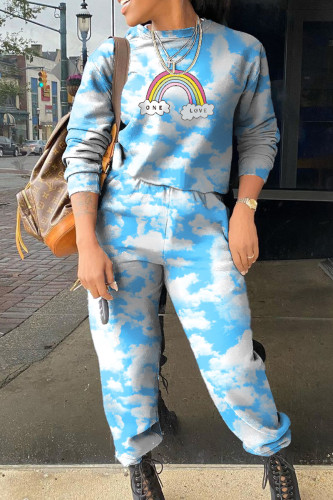 Sky Blue Casual Print Patchwork O Neck Long Sleeve Two Pieces