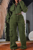 Army Green Casual Solid Patchwork Zipper Collar Long Sleeve Two Pieces Cropped Jackets Cargo Pants Sets