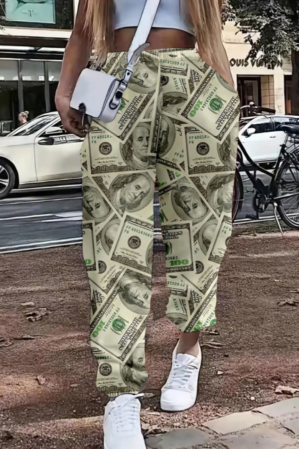 Pantalon taille haute jaune basique à imprimé décontracté de grande taille