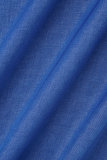 Azul marino Dulce Patchwork liso Hebilla Cuello vuelto Una línea Vestidos de talla grande