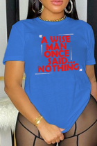 Königsblaue, lässige T-Shirts mit Patchwork-Buchstaben-O-Ausschnitt und täglichem Aufdruck