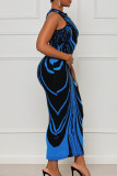 Blauwe sexy gestreepte patchwork O-hals bedrukte jurk-jurken