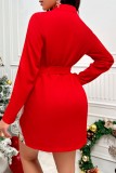 Red Casual Print Bandage Turn-back Collar Suit Dress Dresses