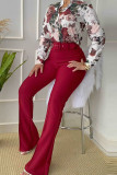 Roze elegante print patchwork gesp met riem, overhemdkraag, lange mouw, twee stukken