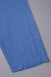 Azul Royal Doce Sólido Patchwork Fivela Turndown Collar Vestidos Plus Size