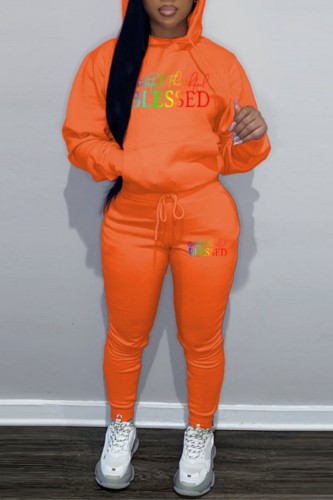 Orange Sportwear Casual Letter Print Hooded Collar Long Sleeve Sweatshirt And Draw String Pants Two Pieces Sweatsuit Sets