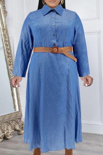 Royal Blue Sweet Turndown Collar Long Sleeve Patchwork Buckle Plus Size A Line Vacation Maxi Dresses