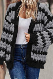 Black White Casual Patchwork Cardigan Contrast Outerwear