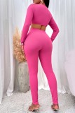 Rose Red Sexy Casual Solid Hollowed Out O Neck Long Sleeve Two Pieces